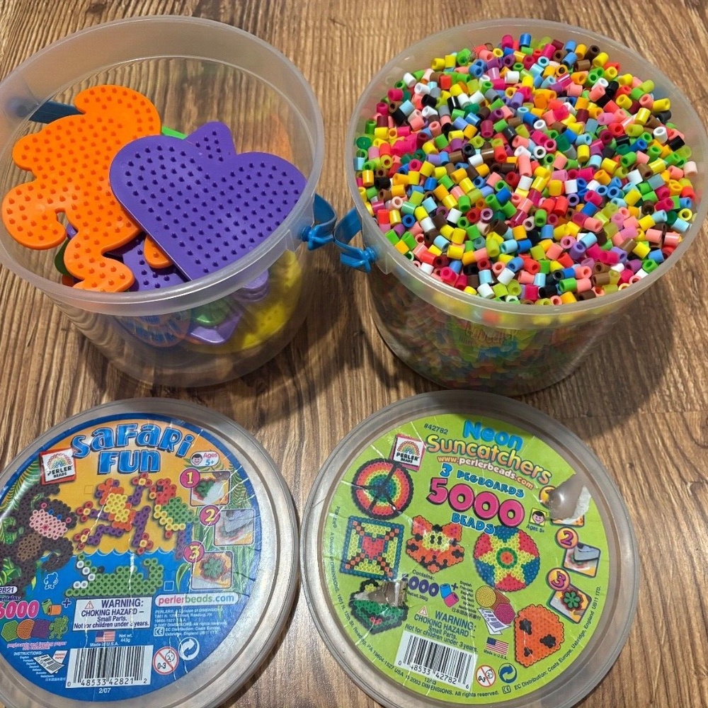 PERLER fused beads bucket with 18 Perler pegboards